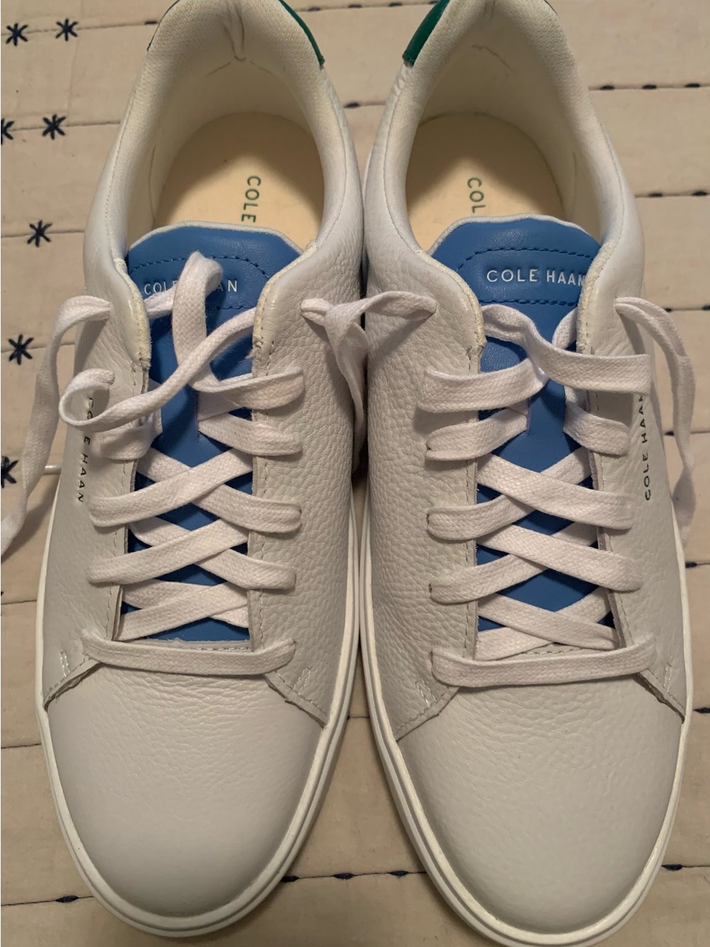 Cole Haan White Leather Sneakers with Blue Tongue Accents